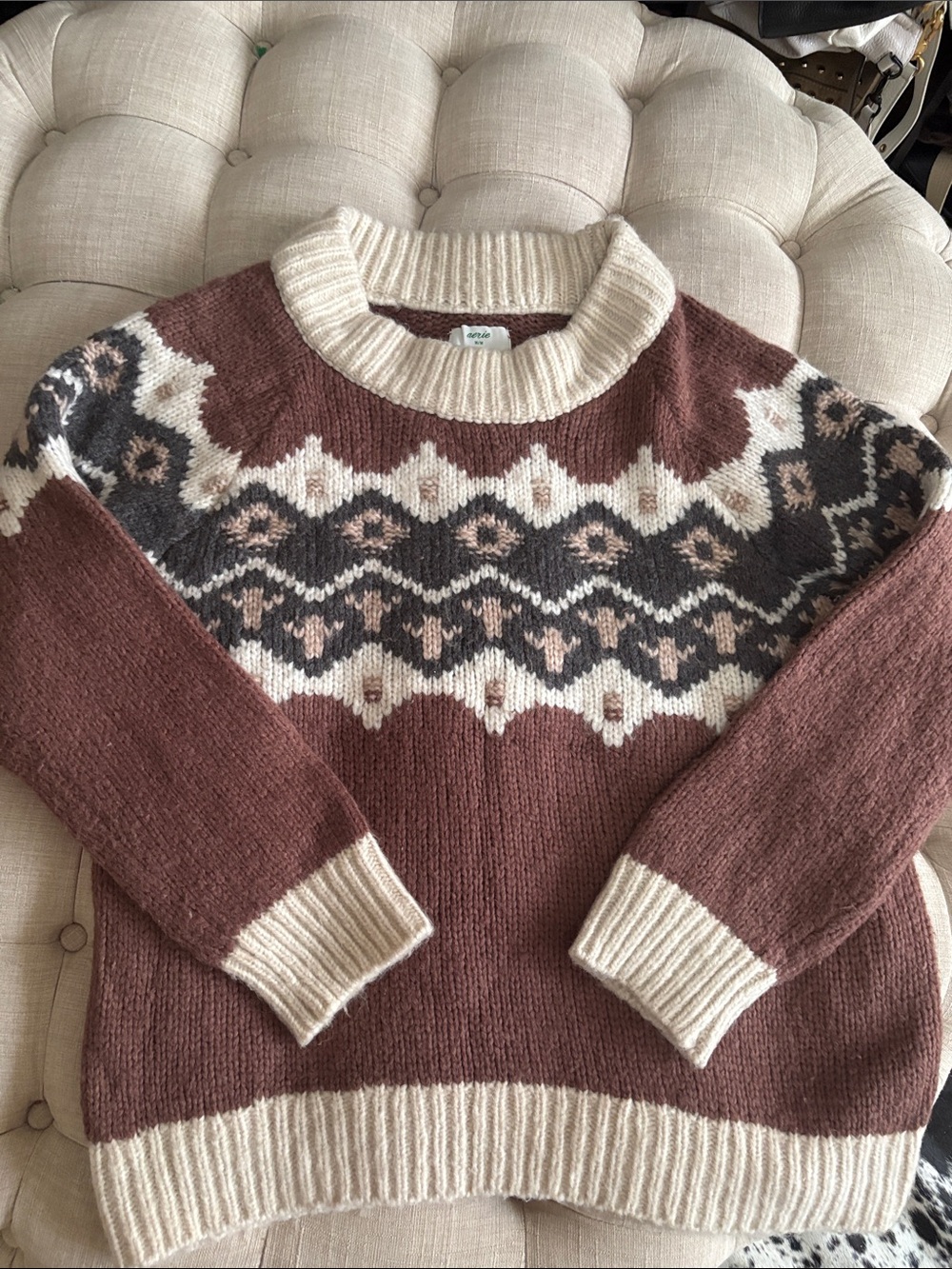 aerie Mauve Crewneck Fair Isle Sweater with Cream Trim